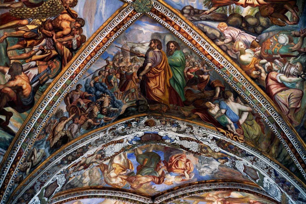 Biblické výjevy, fresky (18. století) z klenby katedrály sv. Bartoloměje, Lipari, Liparské ostrovy (Seznam světového dědictví UNESCO, 2000), Sicílie, Itálie. od Benjamin Baud