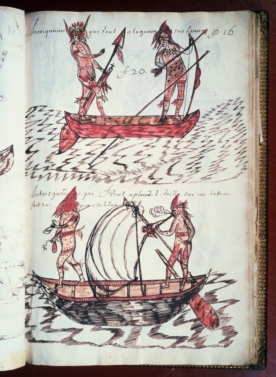 Lodě indiánů, stránka z Codex Canadensis (1664-1675), rukopis na pergamenu od Louise Nicolase, Francie od William M. Timlin