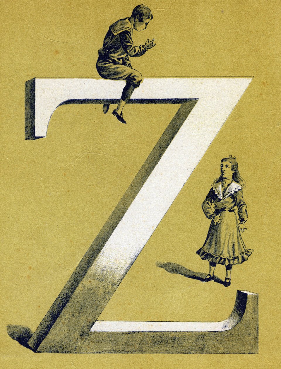 Chlapec sedí na písmeno Z a malá dívka stojící pod ním. Ilustrovaná abeceda. Snímky se znovu spojily v Jarville-Nancy na začátku 20. století. Rozměr: 40 x 29 cm. Litografie na bistre pozadí od Unbekannt