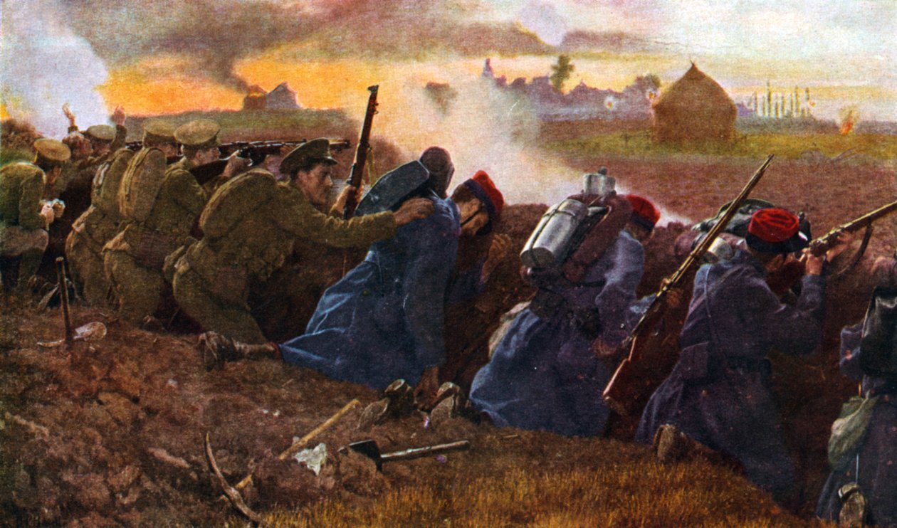 Britské jednotky bojující s Francouzi o zastavení prvního německého útoku, podzim 1914 od Unbekannter Künstler