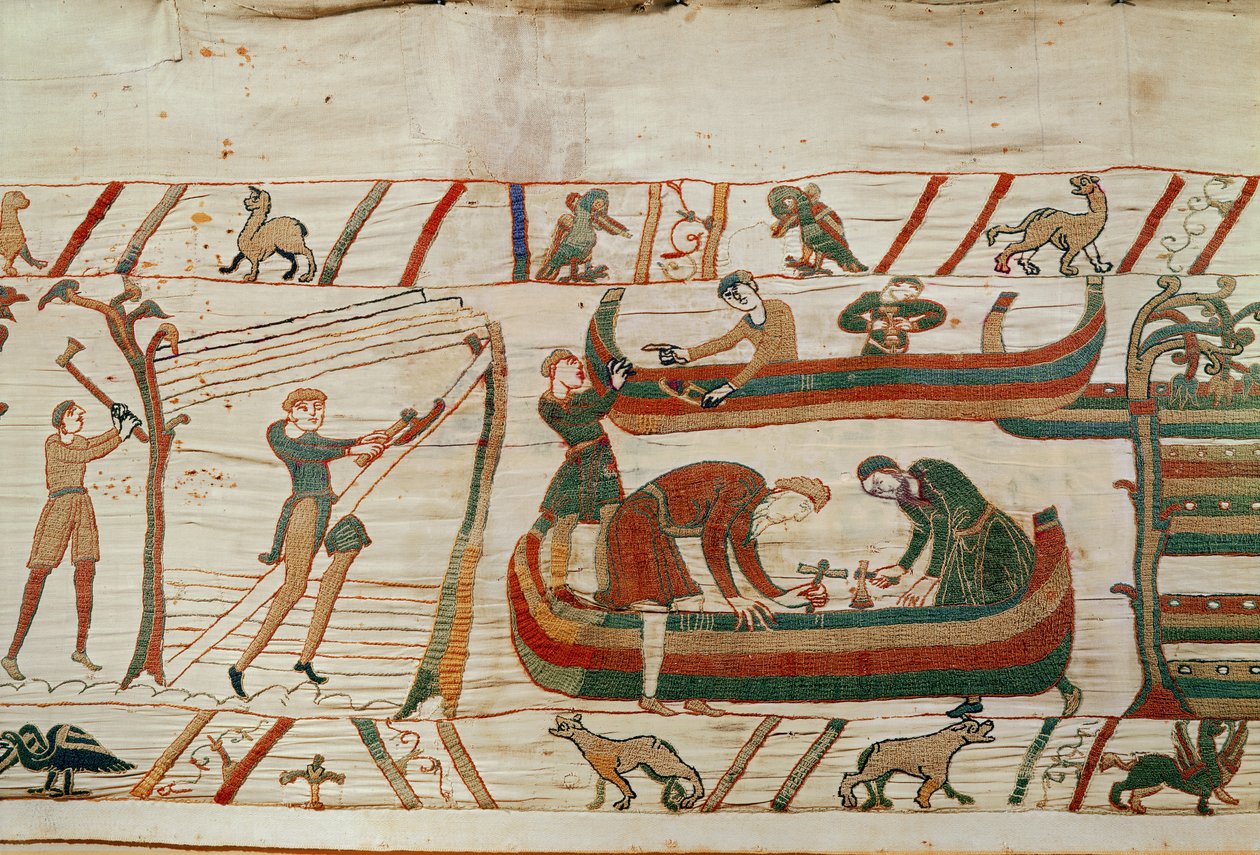 Stavba lodí na příkaz vévody Williama, Bayeux Tapestry (vlněná výšivka na plátně) od Unbekannt