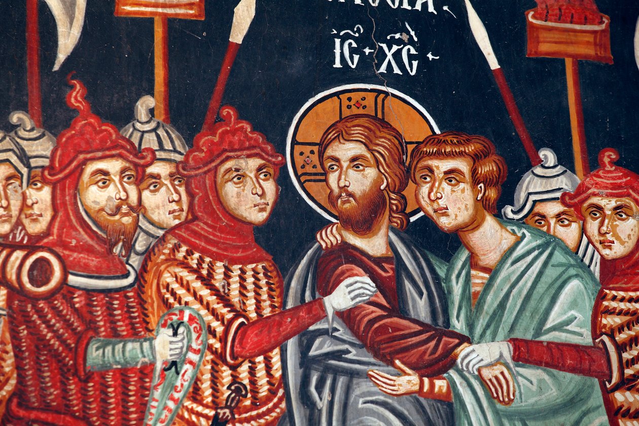 Byzantská freska z 15. století Juda Zrada a zatčení Ježíše Michaela Archandělský kostel v Pedoulas Kypr Malované kostely Místo UNESCO Troodos, Kypr od Unbekannt
