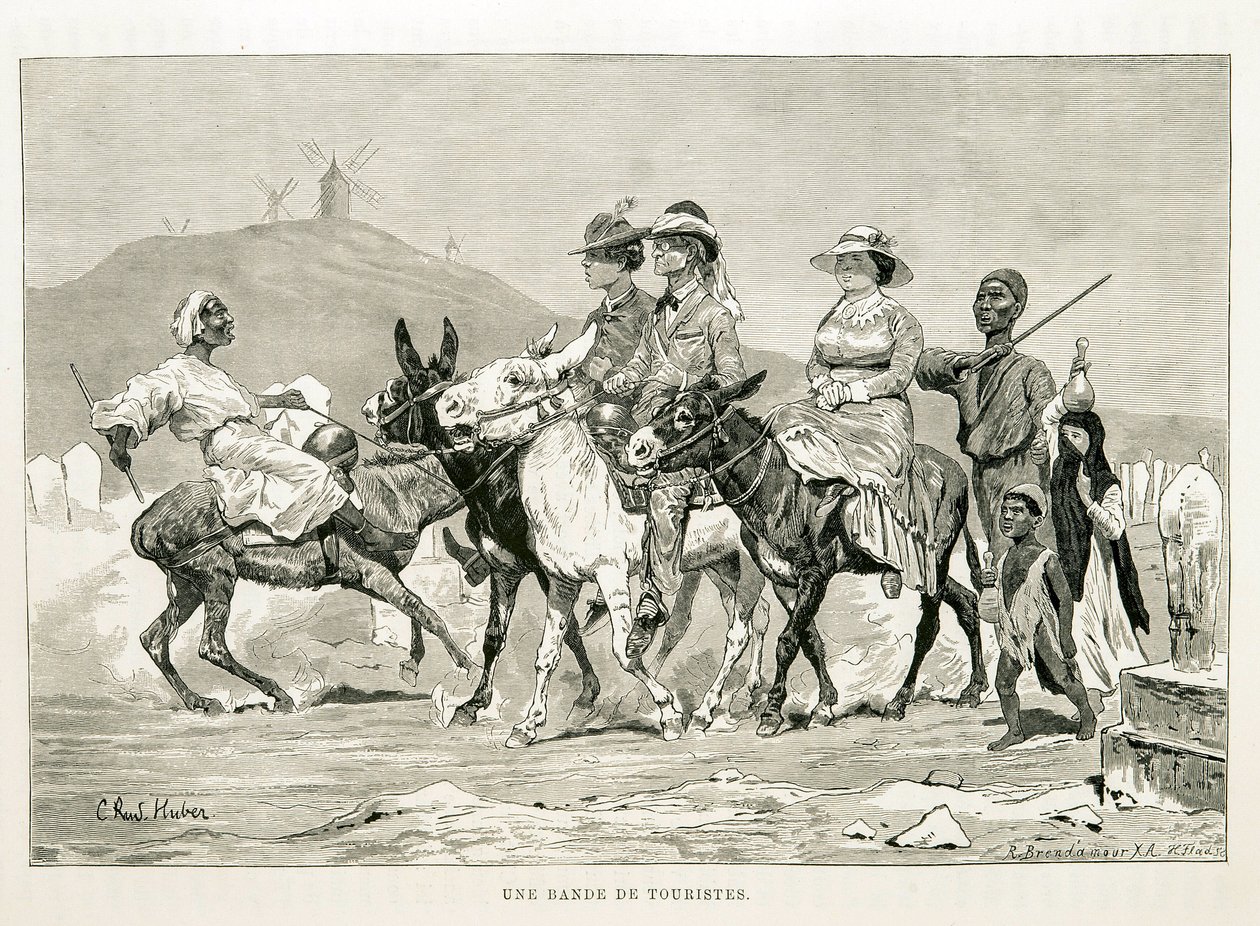 Karikatura západních turistů v Egyptě - ilustrace z Atlasu Egypta od Unknown