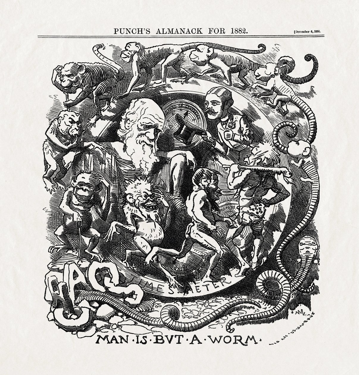Karikatura k teorii evoluce od Charlese Darwina (1809-1882): "Člověk je jen červ" (Man is but a worm) z časopisu "Punch" 06/12/1881 od Unbekannter Künstler