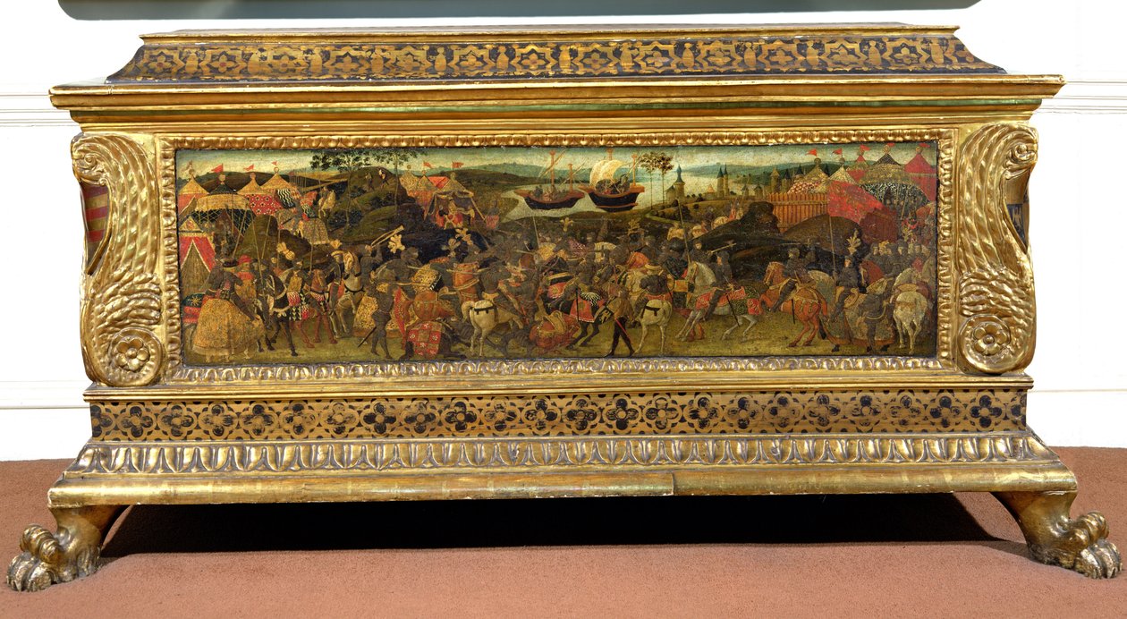 Cassone, s malovaným bočním panelem znázorňujícím bitvu u Pharsalia z „Historie Pompeia a Caesara“, Florentská škola od Unbekannt