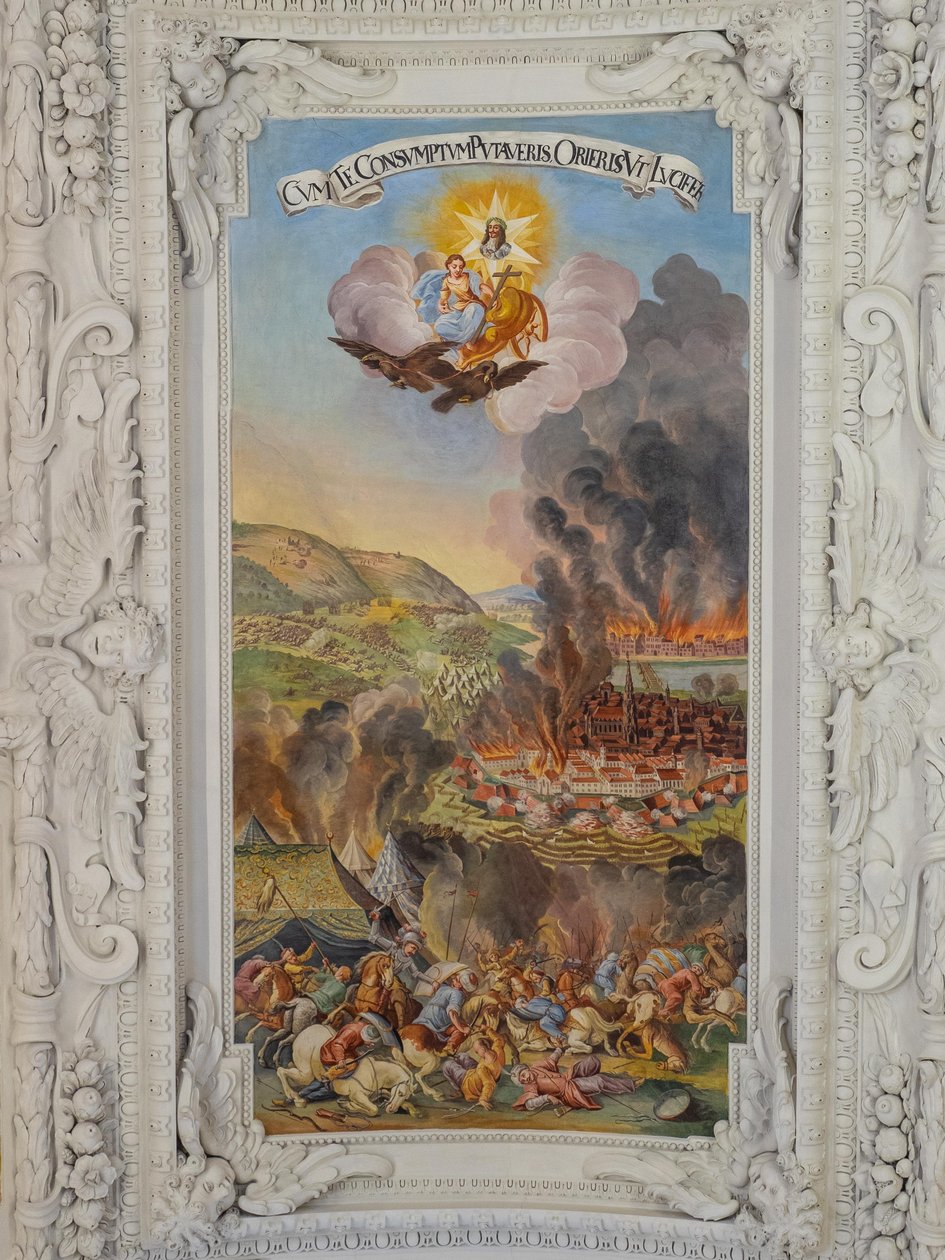 Stropní freska v boční lodi kostela sv. Kateřiny, Vyřazení Vídně z provozu v roce 1683, Mauzoleum Habsburků, Graz, Štýrsko, Rakousko, Evropa (foto) od Unbekannter Künstler