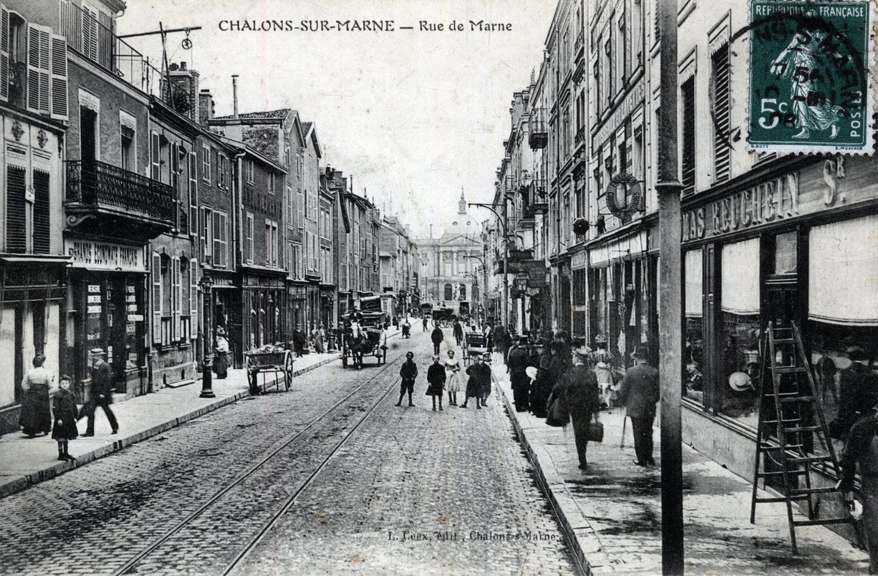 Champagne-Ardenne, Marne (51), Chalons sur Marne (Chalons-sur-Marne): pohled na rue de la Marne (město se nazývá desormais Chalons en Champagne (Chalons en Champagne) - pohlednice konec 19.-začátek 20. stol. od William M. Timlin