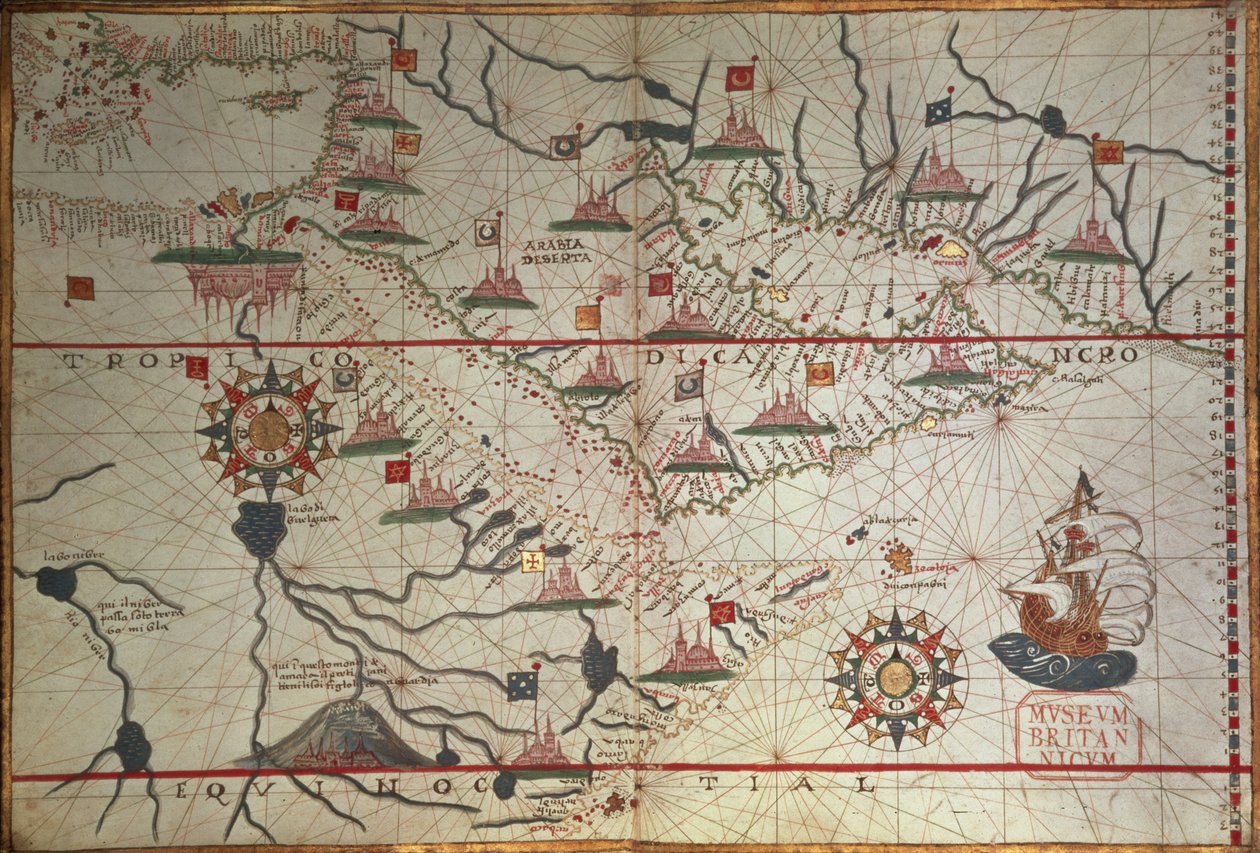 Mapa Arábie a východního Středomoří, část Portolanského atlasu, cca 1650 (pero a inkoust na papíře) od Unbekannter Künstler