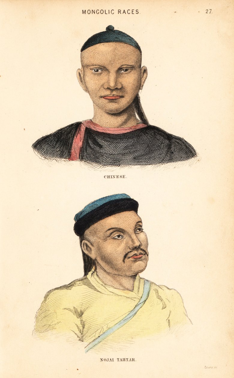 Číňan a Tatar z Nogajské hordy. Mongolské rasy. Ručně kolorovaná ocelorytina od Lizarse podle ilustrace Charlese Hamiltona Smithe z jeho Natural History of the Human Species. od Unbekannter Künstler