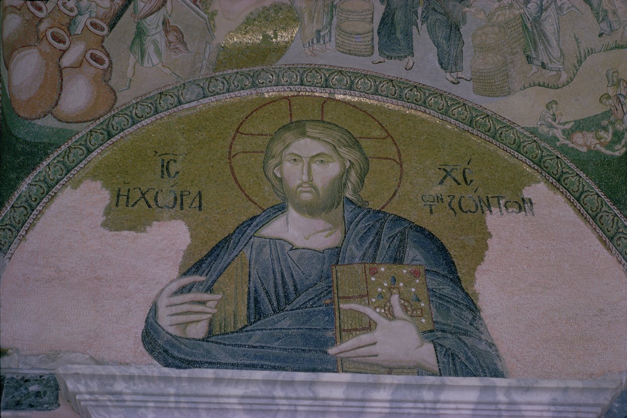 Kristus ve majestátu, mozaika nad dveřmi nartexu byzantského kostela sv. Spasitele z Chory (foto) od Unbekannt