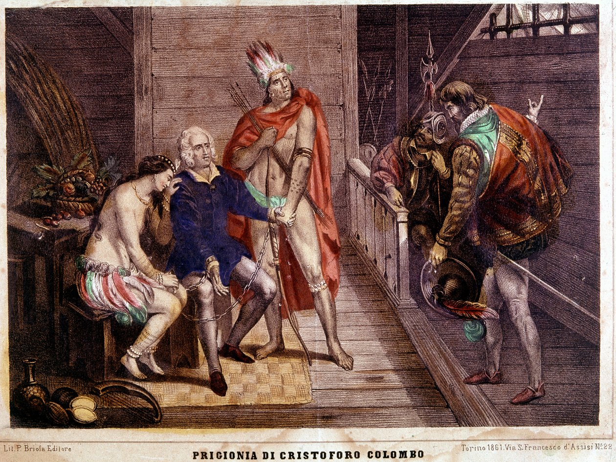 Řetězy Kryštofa Kolumba (Colombo) v roce 1500 při návratu do Španělska - italská rytina z roku 1861 od Unbekannter Künstler