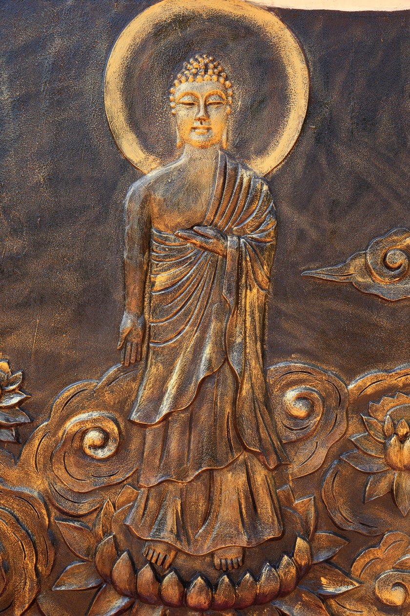 Buddhistická pagoda Chue Thien Lam Go. Buddha Šákjamuni. Varad Mudra: Gastre of Charity. To se nestane. Vietnam od Unbekannt