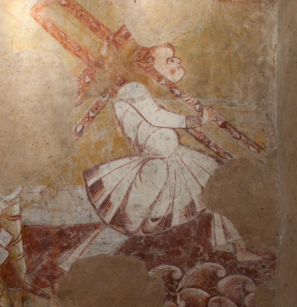 Kostel (Église Saint-Martin). Interiér. Nástěnné malby (fresky). Severní stěna kůru. Detail. Šimon z Kyrény nesoucí kříž. 12. století. od Unbekannt