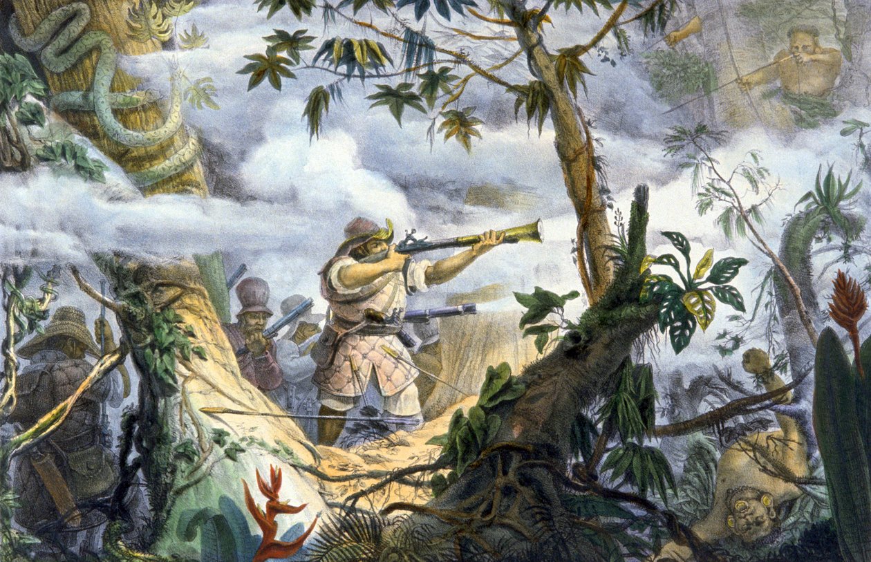 "Civilizovaní" indiáni bojují s indiány kmene Botocudos, Brazílie od Unbekannter Künstler