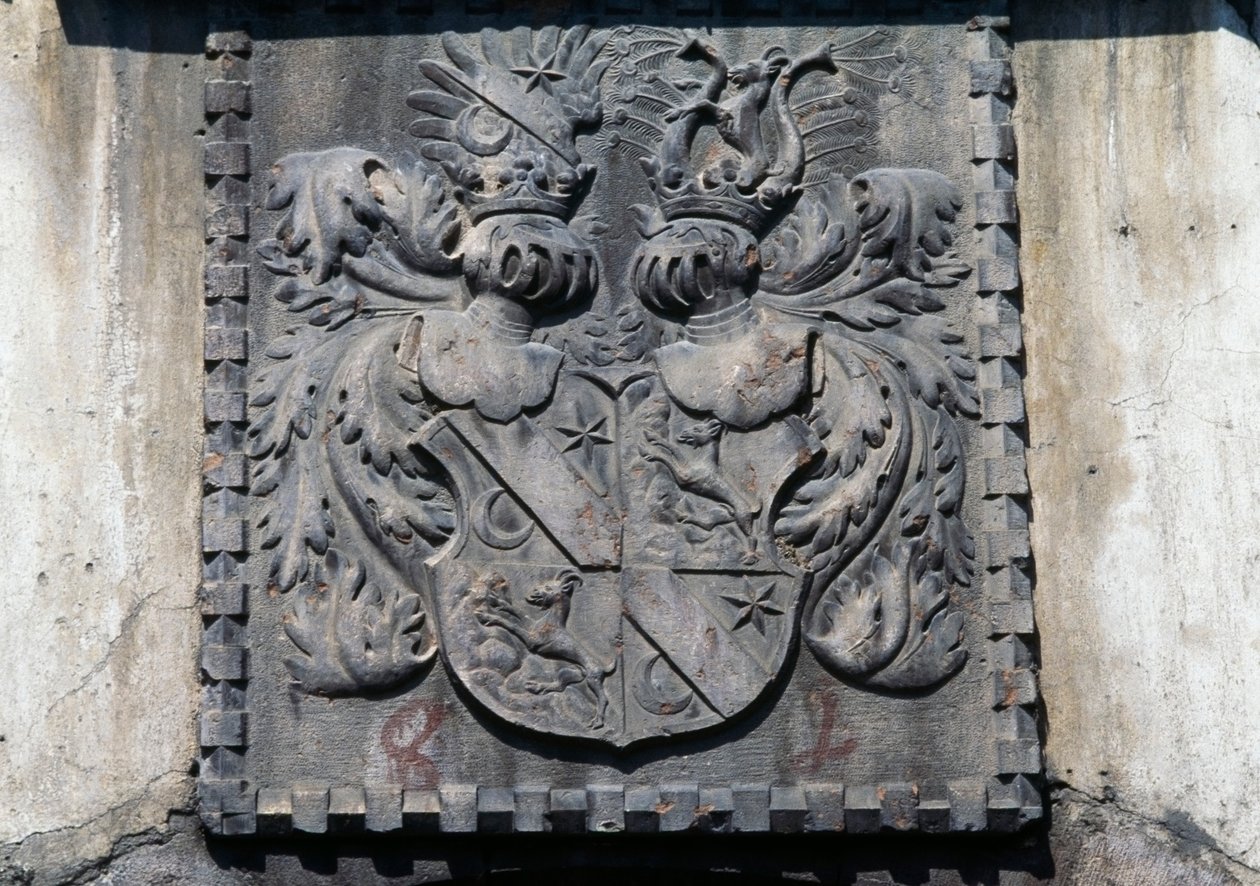 Erb na dřevěných dveřích domova v Lavis, Trento, Trentino-Alto Adige, Itálie od Benjamin Baud