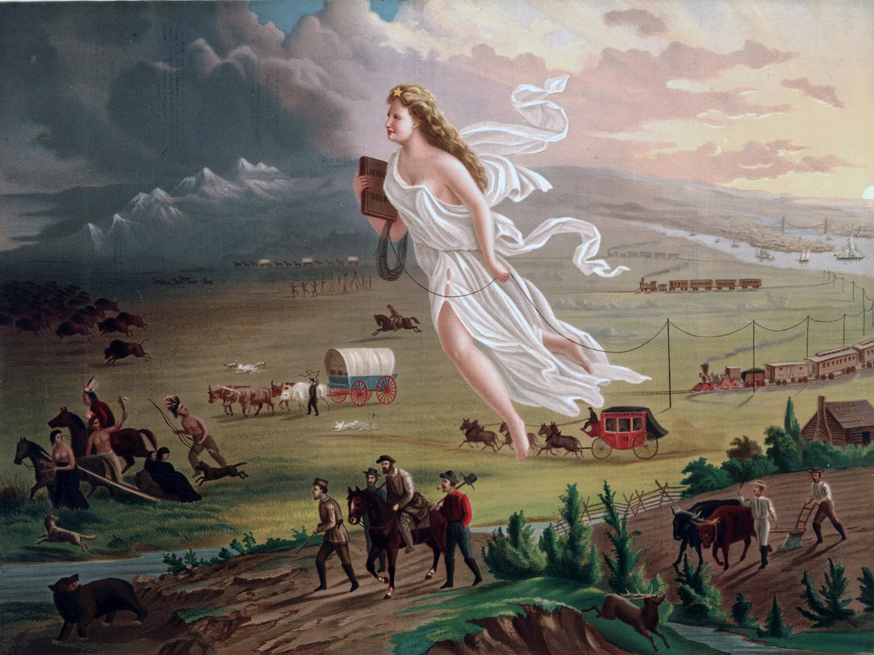 Koncept Manifest Destiny: Alegorická ženská postava nesoucí elektrický telegrafní drát vede americké pionýry a železnici na západ, indiáni a bizoni a medvěd ustupují před nimi. Chromolitografie z roku 1873. od Unbekannter Künstler