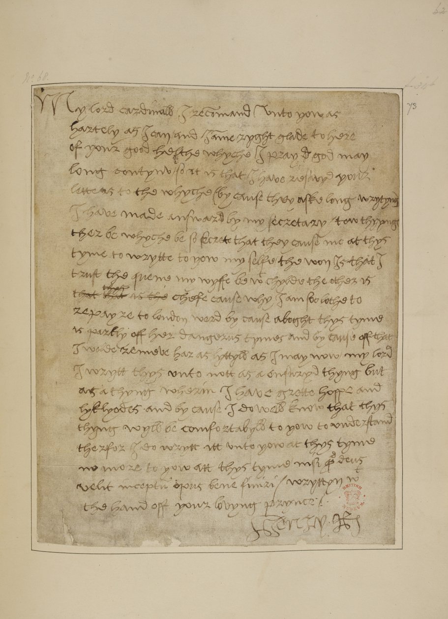 Bavlna MS Vespasian F iii fol.73 Dopis Jindřicha VIII Thomasi Wolseymu, červen 1518 (pero a inkoust na papíře) od Unbekannter Künstler