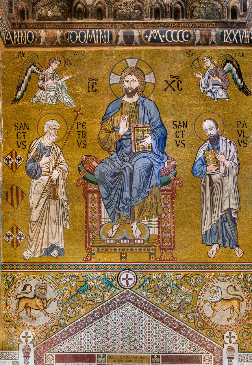 Protifasáda: mozaika "Veličenstvo Krista na trůnu mezi svatými Petrem a Pavlem", XII. století, Palatinská kaple, Královský palác nebo Palazzo dei Normanni (Palác Normanů), Palermo, Sicílie, Itálie (foto) od Unbekannter Künstler