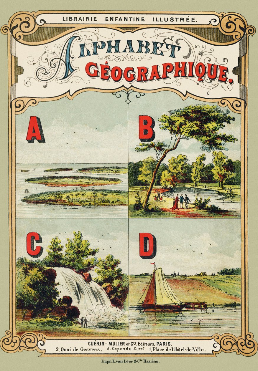Obálka: A: souostroví, B: Bois de Boulogne, C: vodopád, D: hráz - Rytina převzatá ze zeměpisné abecedy. Guerin-Muller et Cie, nakladatelství, Paříž od Unbekannt