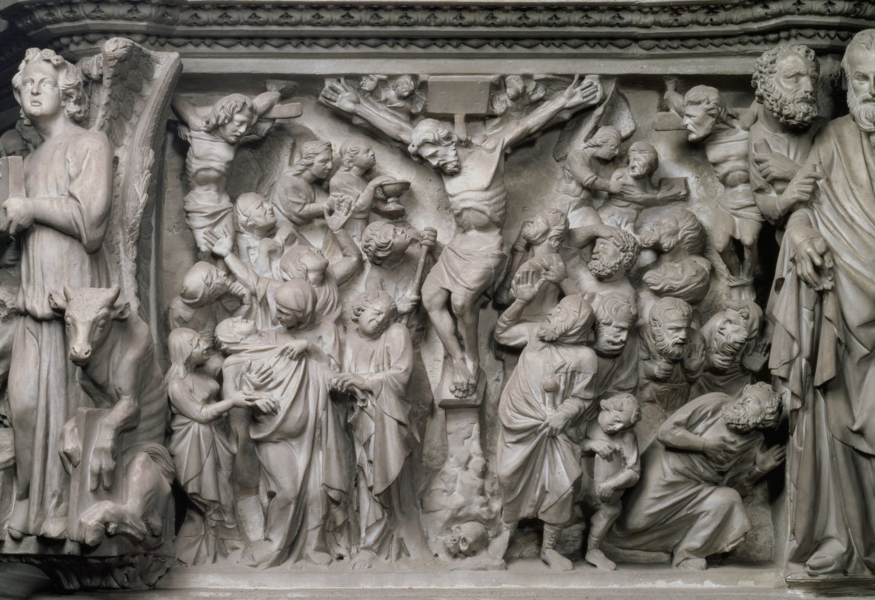 Výjev Ukřižování: detail reliéfu z vrcholu šestiboké kazatelny od Giovanniho Pisana (1245-1329), asi 1297 (mramor) (detail 77020) od Unbekannter Künstler