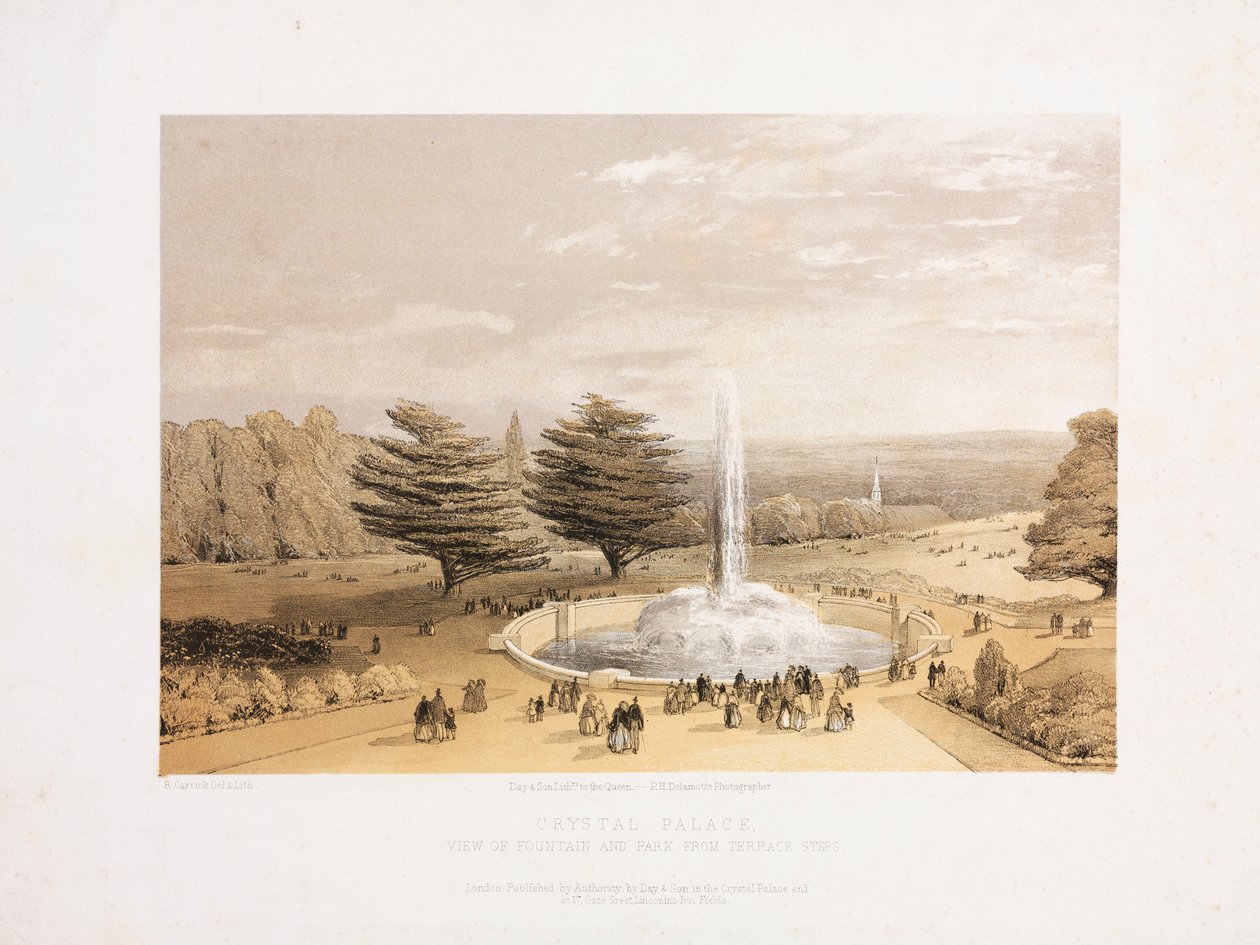 Crystal Palace, Post-Velká výstava Fontána a park z terasových schodů Crystal Palace, c 1855 od Unbekannt