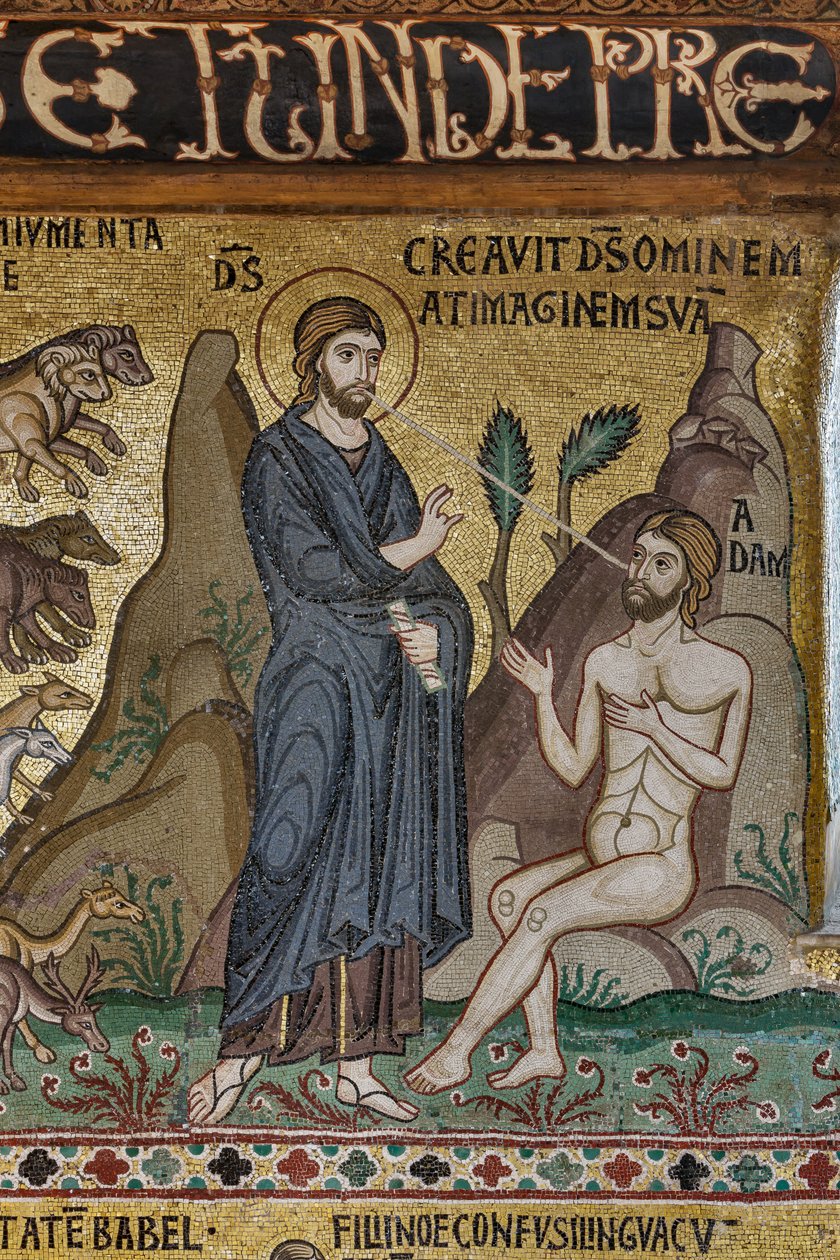 Cyklus mozaik na Starém zákoně, cyklus Stvoření: "Stvoření Adama", XII. století, Palatinská kaple, Královský palác nebo Palazzo dei Normanni (Palác Normanů), Palermo, Sicílie, Itálie (foto) od Unbekannter Künstler