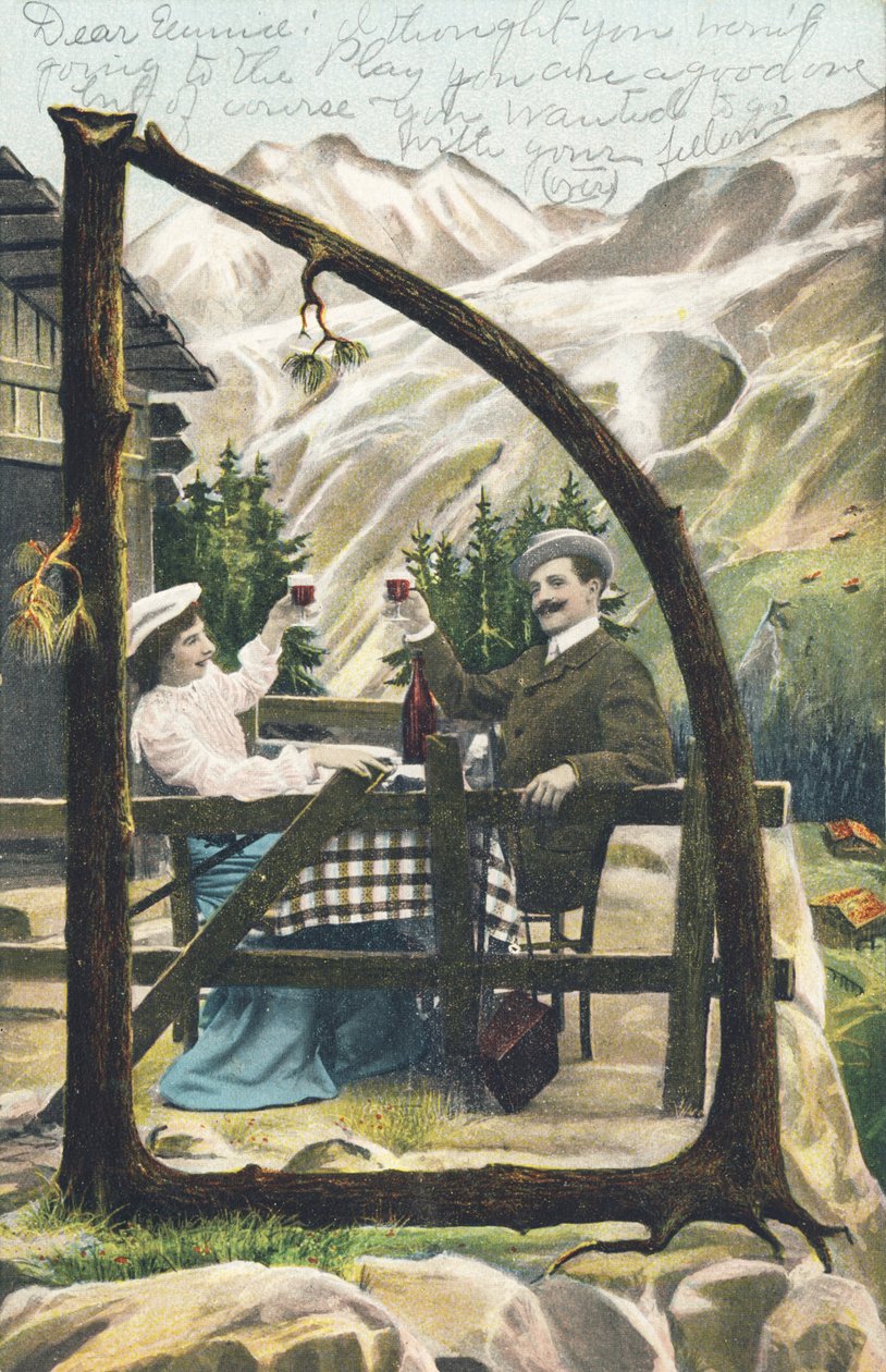D: Muž a žena sedící u stolu před horskou chatou cinkají skleničky, v ruce mají sklenku vína - abecední znaky Ref Th. E., L. Theochrom - Série 994. Theodor Eisman, vydavatel, Lipsko od Unbekannt