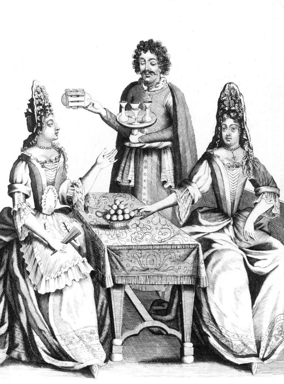 Dames prenant des rafraichissements au 17e siecle (apres 1670) - ženy při občerstvení v 17. století - móda coiffe pokrývka hlavy účes eventail fan cafe bar Francie od Unbekannter Künstler