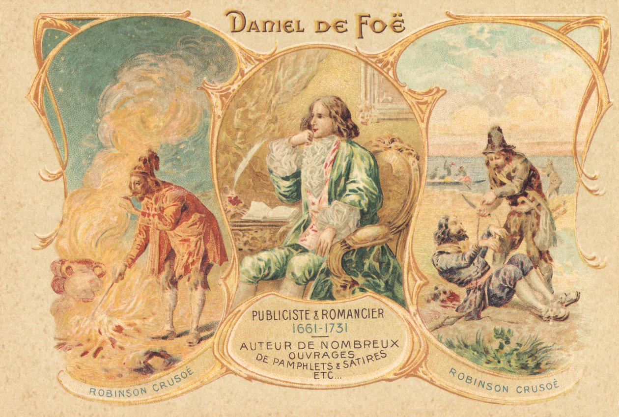 Daniel Defoe u psacího stolu a jeho slavné dílo (tisk) od Unbekannter Künstler