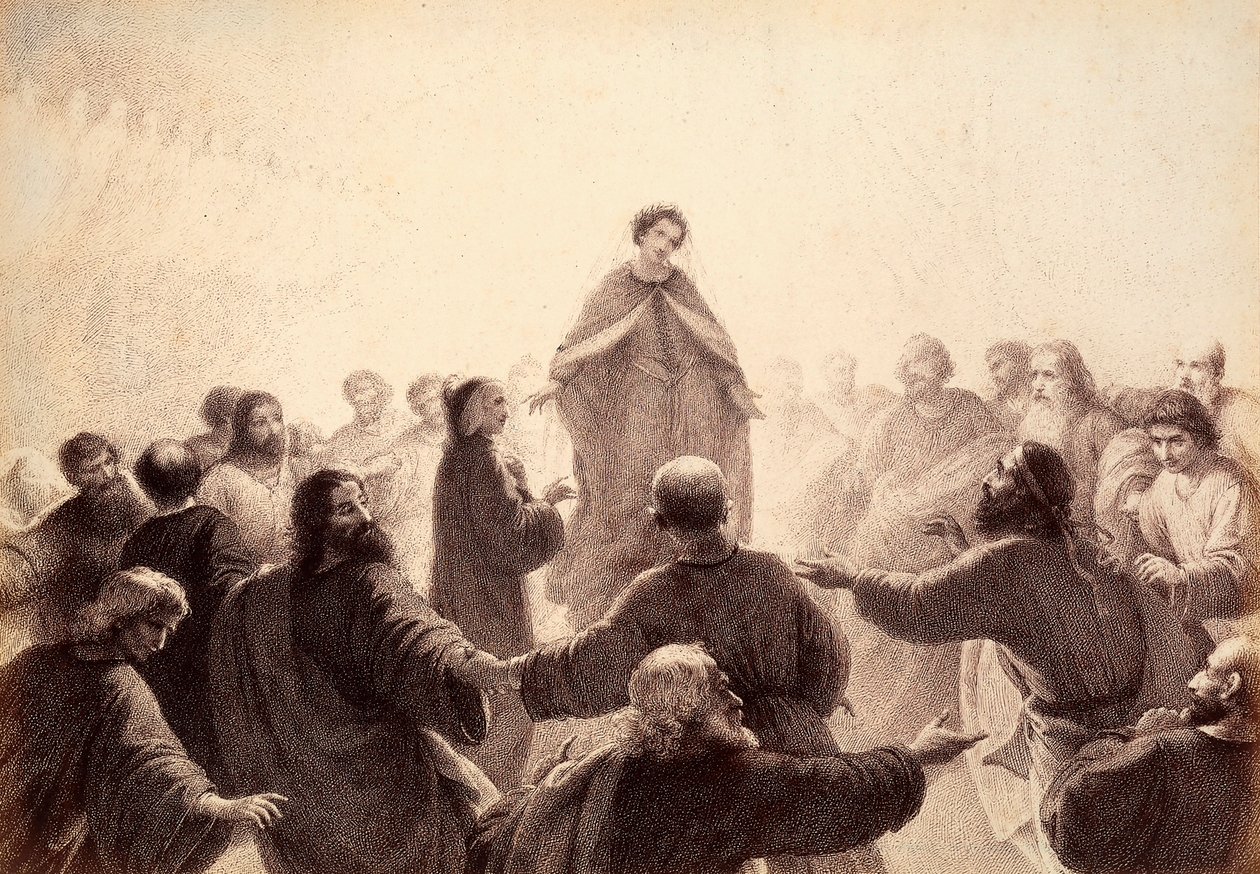 Dante a Beatrice jsou obklopeni duchy Moudrých, kteří kolem nich zpívají a tančí. Ilustrace z Canto XIV z Paradisa Božské komedie Danta Alighieriho. Dílo Francesa Scaramuzzy věnované florentskému magistrátu. od Unbekannter Künstler