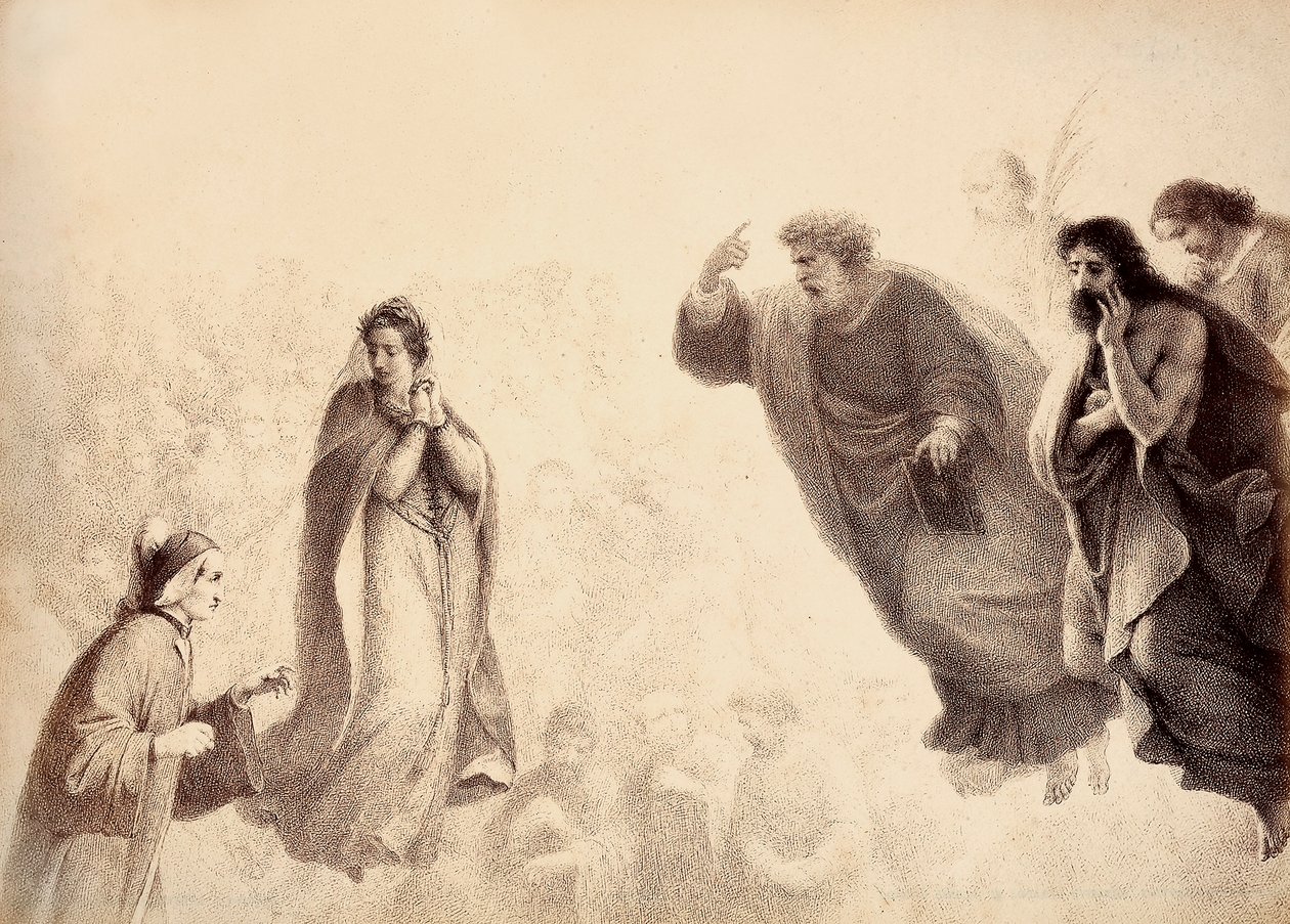 Dante a Beatrice před jasnými dušemi apoštolů Petra, Jakuba a Jana. Petr má ruku zdviženou na znamení hněvu. Ilustrace z Canto XXVII v Paradisu Božské komedie od Dante Alighieriho. Dílo Francesca Scaramuzzy věnované od Unbekannter Künstler