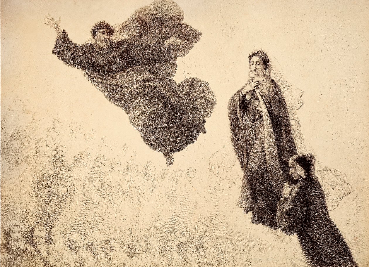 Dante a Beatrice se setkávají se svatým Petrem. Ilustrace k XXIV. kánonu Božské komedie Paradiso od Dante Alighieriho. Dílo Francesca Scaramuzzy věnované florentskému magistrátu. od Unbekannter Künstler