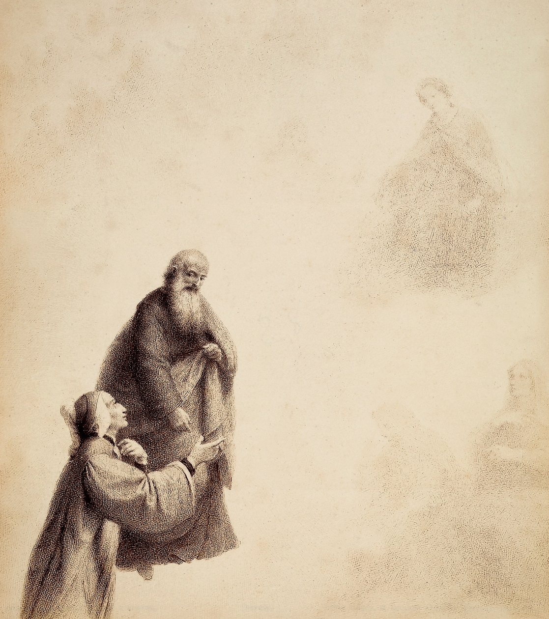 Dante za asistence svatého Bernarda vidí Beatrici sedící na trůnu uprostřed blahoslavených, ve světelné aureole. Ilustrace z Canto XXXI v Paradisu Božské komedie od Dante Alighieriho. Dílo Francesca Scaramuzzy věnované florentskému magistrátu. od Unbekannter Künstler
