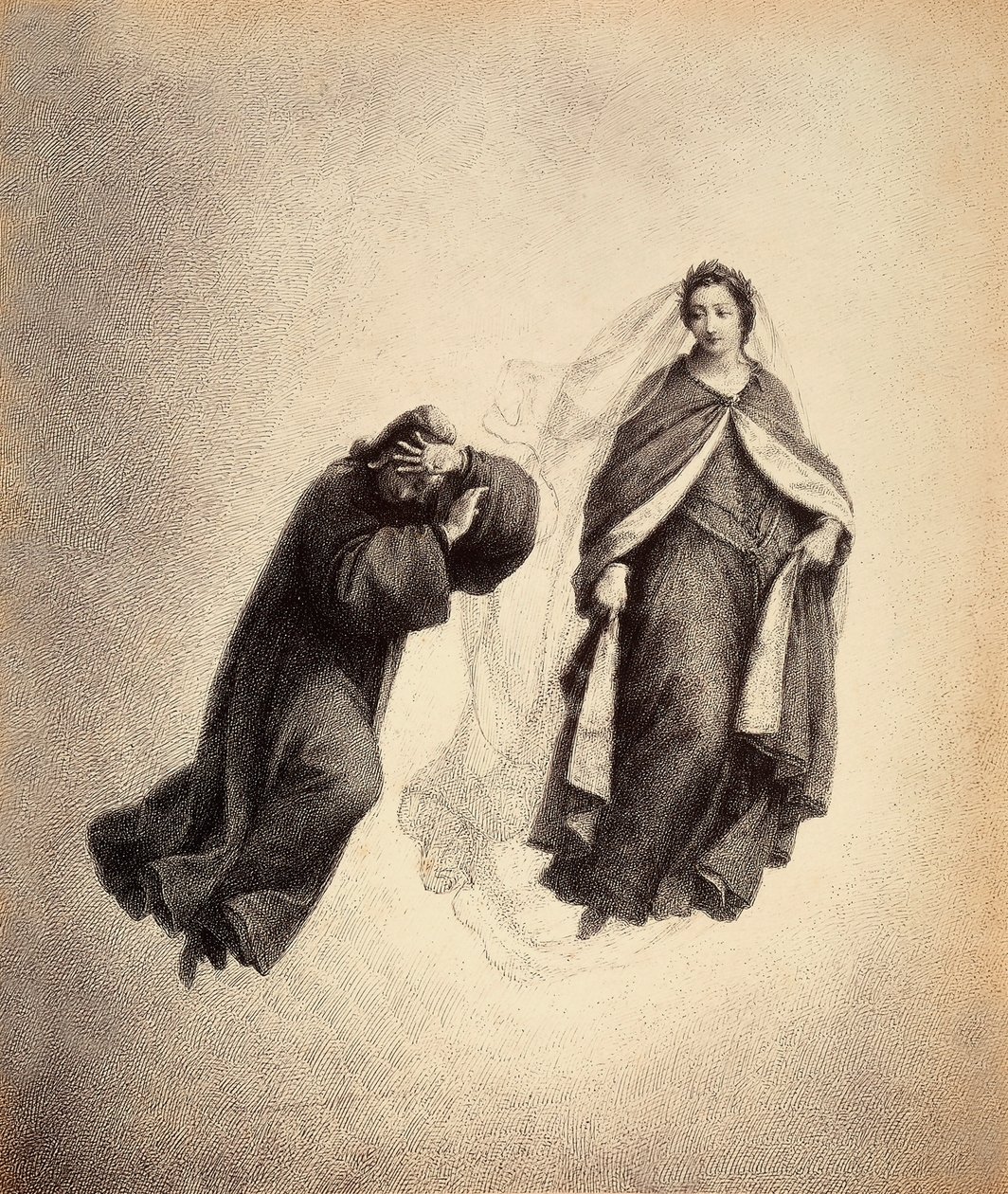 Dante si zakryje tvář rukama, přemožený Beatriciným pohledem, tak plným božské lásky. Ilustrace IV. canto knihy Paradiso z Božské komedie Danta Alighieriho. Dílo Francesa Scaramuzzy věnované florentskému magistrátu. od Unbekannter Künstler