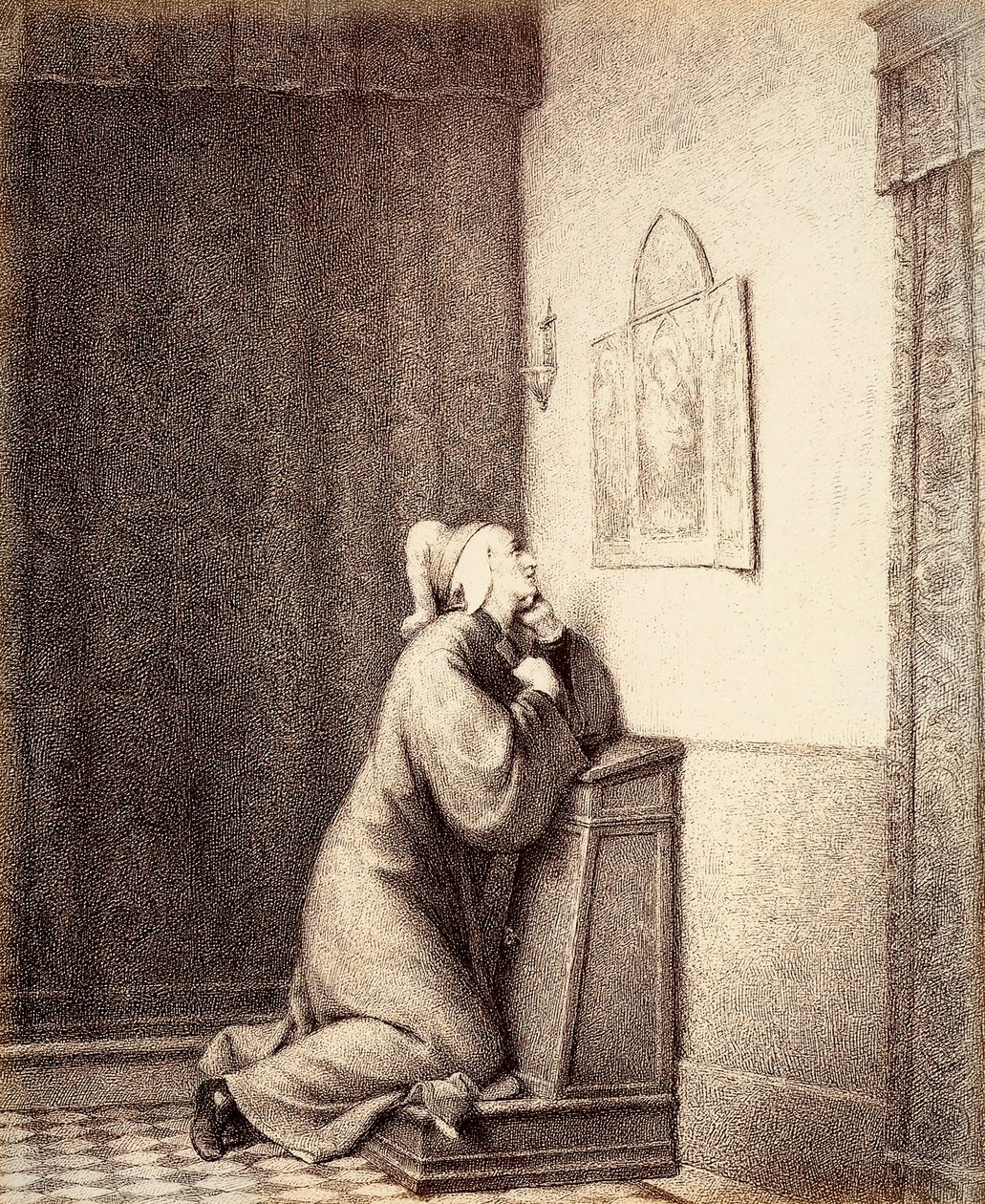 Dante klečí v modlitbě a jeho pohled směřuje na triptych. od Unbekannter Künstler