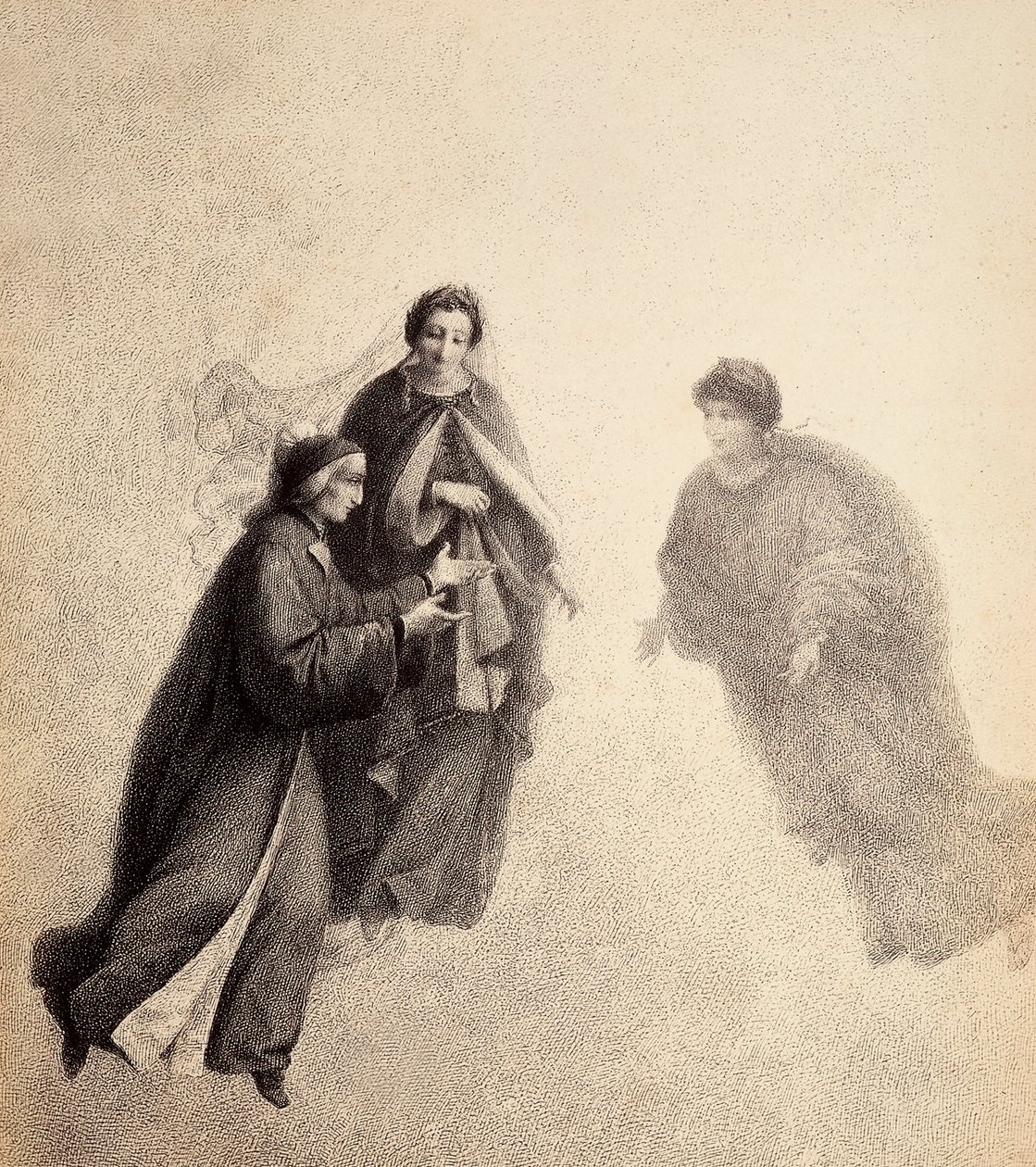 Dante na popud Beatrice mluví ve zbožném duchu. Ilustrace z Canto V z Paradisa Božské komedie Danta Alighieriho. Dílo Francesa Scaramuzzy věnované florentskému magistrátu. od Unbekannter Künstler