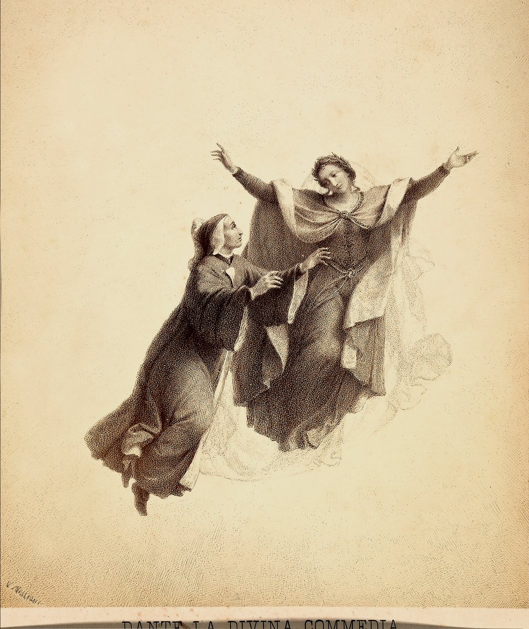 Dante s otevřenou náručí, veden Beatricí na útěku rajskou oblohou. Ilustrace I. canto z Paradisa Božské komedie Danta Alighieriho. Dílo Francesa Scaramuzzy věnované florentskému magistrátu. od Unbekannter Künstler