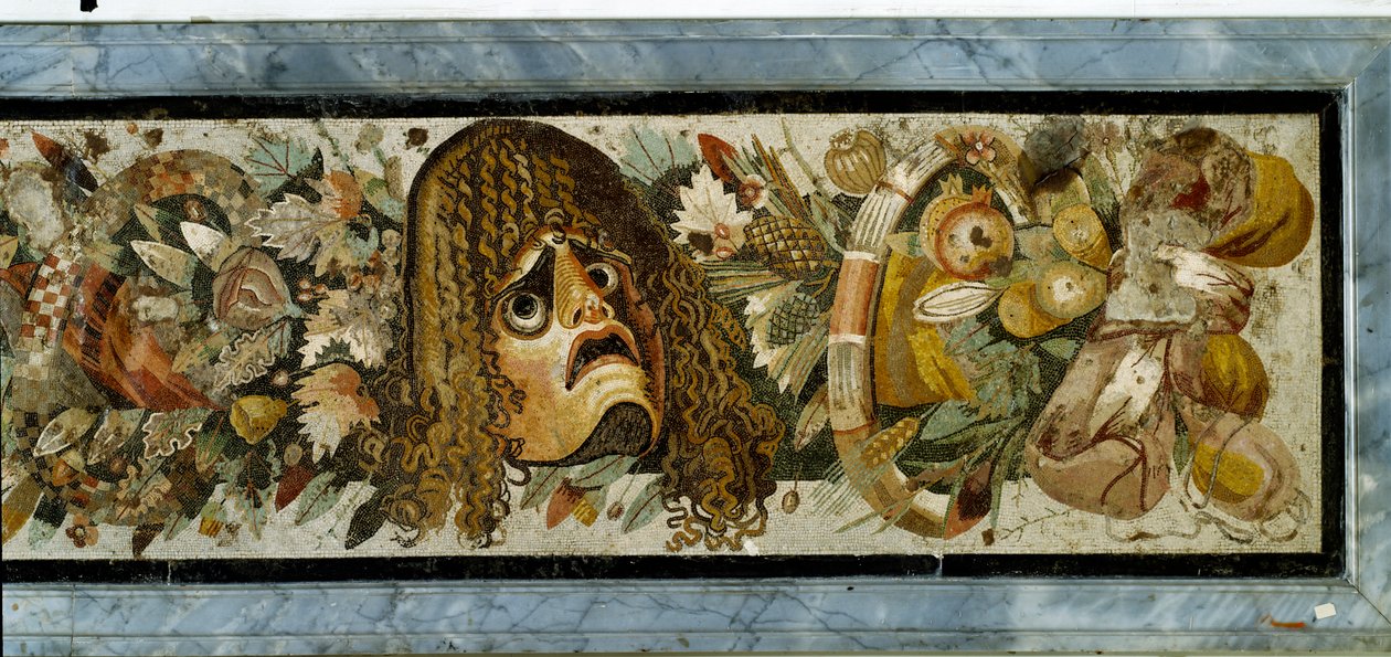 Dekorativní panel zobrazující girlandu z masek, listí a ovoce z Faunova domu, Pompeje, 2. století př. n. l. (mozaika) od Unbekannt