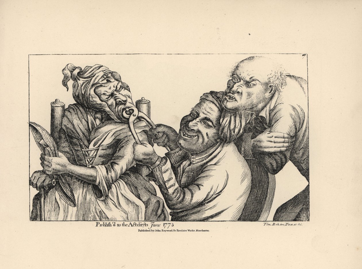 Zubař se směje, když kleštěmi vytahuje staré ženě zkažený zub z úst. Mědirytina podle satirické ilustrace Timothyho Bobbina (Johna Colliera) (1708-1786) z knihy Human Passions Delineated, John Haywood, Manchester od Unbekannter Künstler