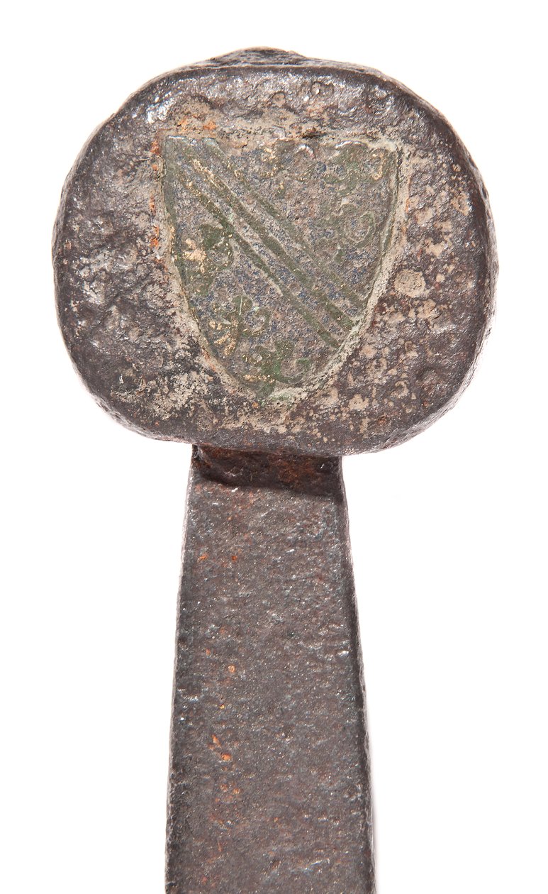 Detail, pozdně středověký široký meč s dřívější vikingskou čepelí a erbovými ložisky rodiny De Bohun od Unbekannt