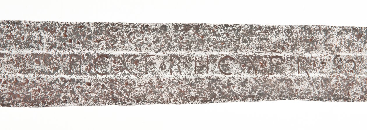 Detail, pozdně středověký široký meč s dřívější vikingskou čepelí a erbovými ložisky rodiny De Bohun od Unbekannt