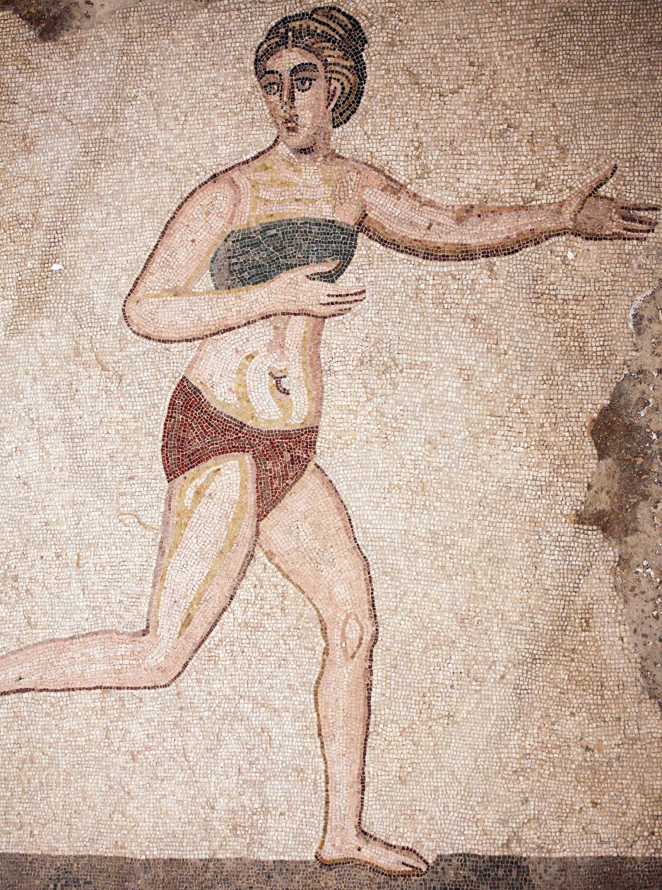 Detail komnaty deseti panen nebo mozaika „bikiny dívek“. Běh. 3. - 4. století. Římská vila Casale, Sicílie. památka UNESCO. od Unbekannt