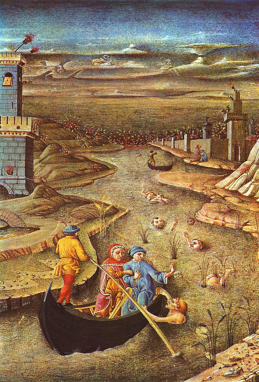 Božská komedie: (miniatura): Dante a Vergilius, neseni Charronem, se setkávají se zatraceným Filippo Argenti (miniatura) od Unbekannter Künstler