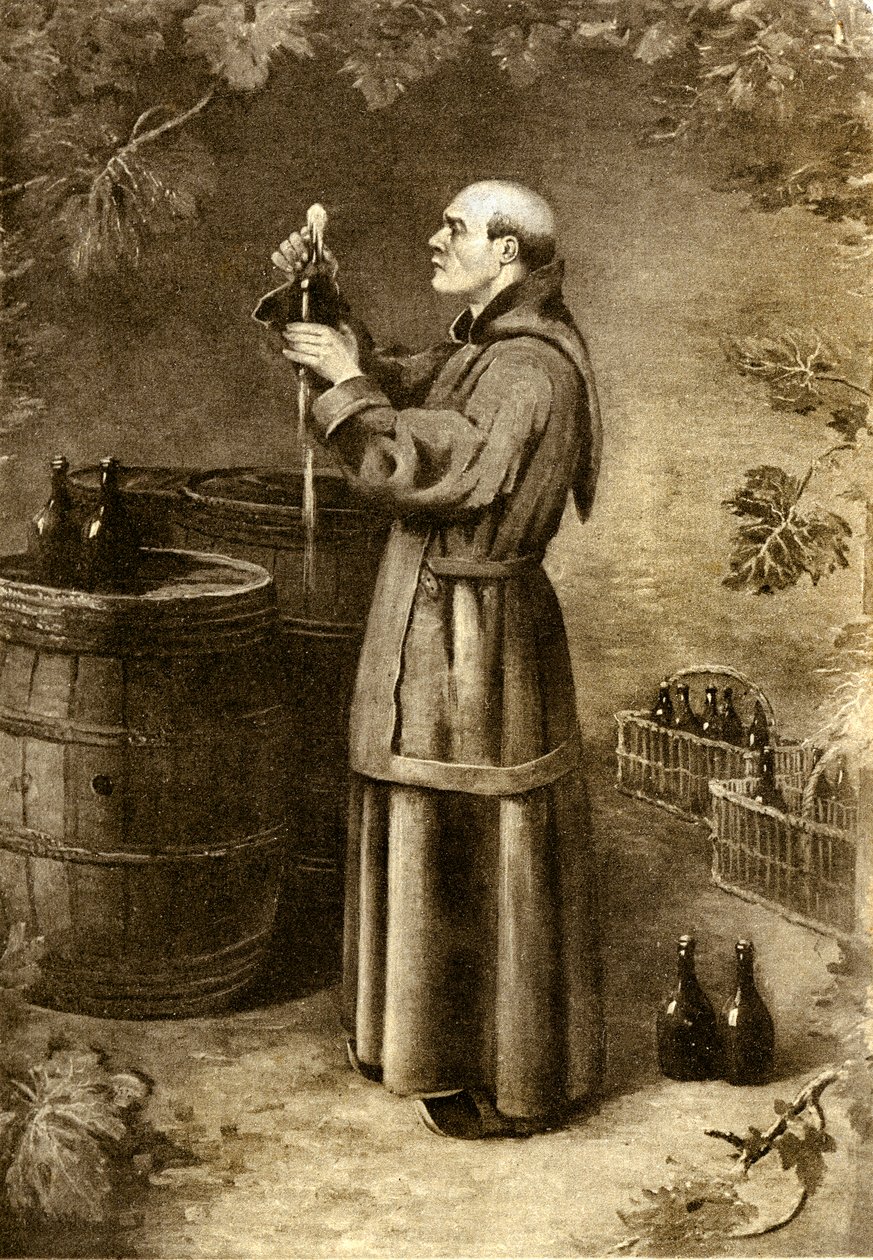 Dom Perignon objevil mech v roce 1714 - začátek 20. století (rytina) od Alec Hunter