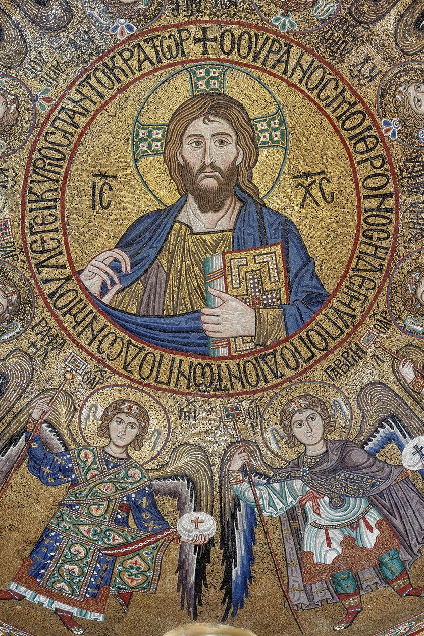 Kopule transeptu: mozaika "Požehnání Krista Pantokratora mezi anděly a archanděly", XII. století, Palatinská kaple, Královský palác nebo Palazzo dei Normanni (Palác Normanů), Palermo, Sicílie, Itálie (foto) od Unbekannter Künstler