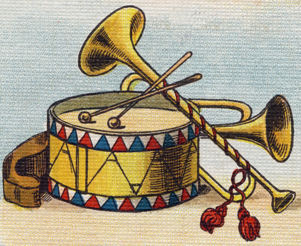 Buben a trubka. Rytina "Alphabet de ma petite fille". Bernardin-Bechet a Fils, knihkupci-nakladatelé, Paříž, kolem roku 1895. Nerozbitné album na plátně. Bibliotheque des Bebes. 12 stran. Album obsahující metodu čtení a názornou abecedu od Unbekannt
