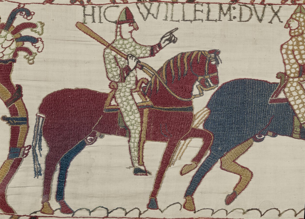 Vévoda William nabádá své vojáky, aby se připravily na bitvu proti anglické armádě, Bayeux Tapestry (vlněná výšivka na plátně) od Unbekannt