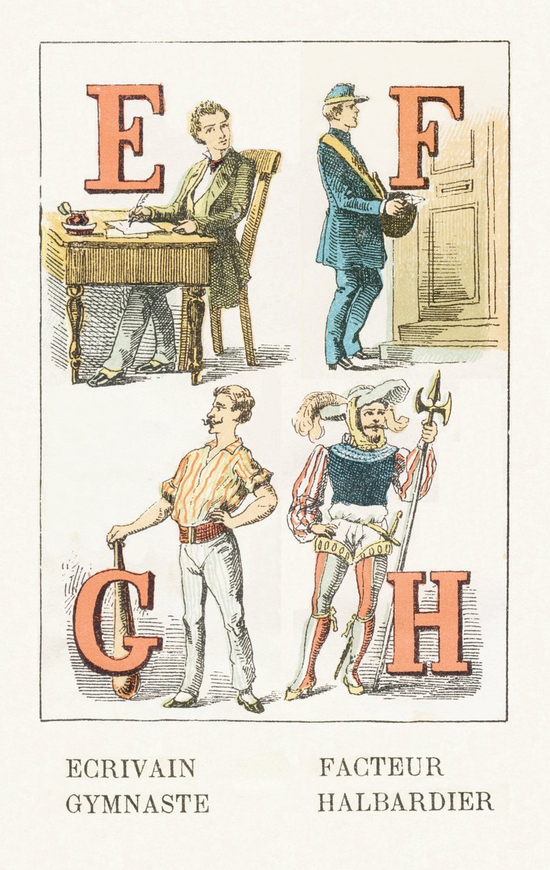 E - Spisovatel; F - faktor; G - Gymnastka; H - Halapartna - Childish Alphabet, Editions Gordinne 1920 (rytina) od Unbekannt