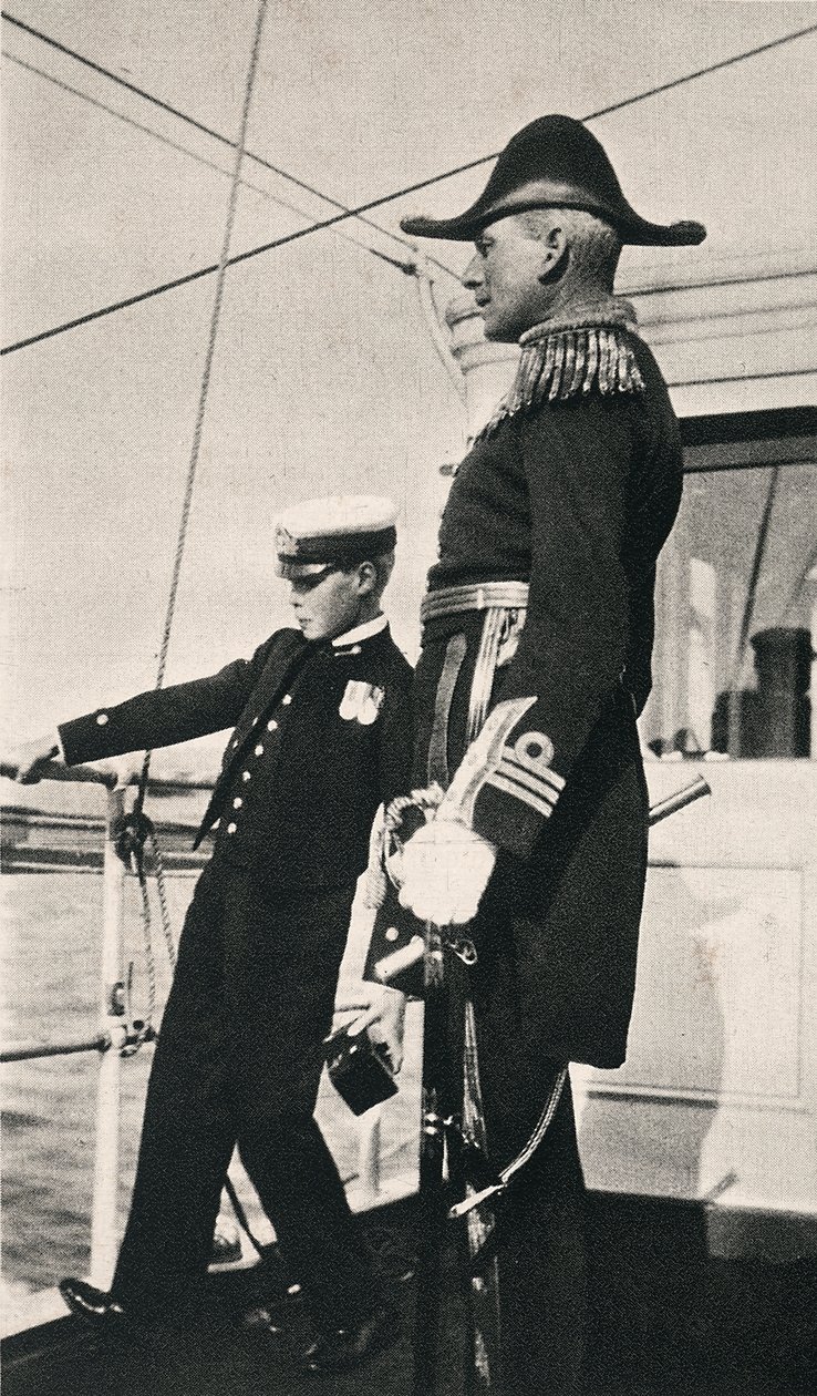 Edward, princ z Walesu, první dítě krále Jiřího V., vyfotografovaný se sirem Charlesem Custem na palubě lodi od Unbekannter Künstler