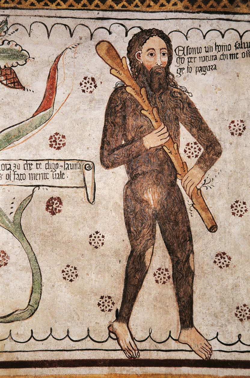 Ego sonto un homo salvadego per natura, chi me ofende ge fo pagura (jsem od přírody divoký muž, kdo mě urazí, dám strach), freska, muzeum Homo Salvadego, Sacco, Cosio Valtellino, Lombardie, Itálie od Benjamin Baud